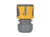Hozelock Hose End Connector in yellow and grey plastic, with ribbed grip panels and a twist-lock hose fitting.