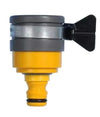 Hozelock Round Tap Connector in yellow and dark grey plastic, with a silver metal clamp and black tightening wing handle.
