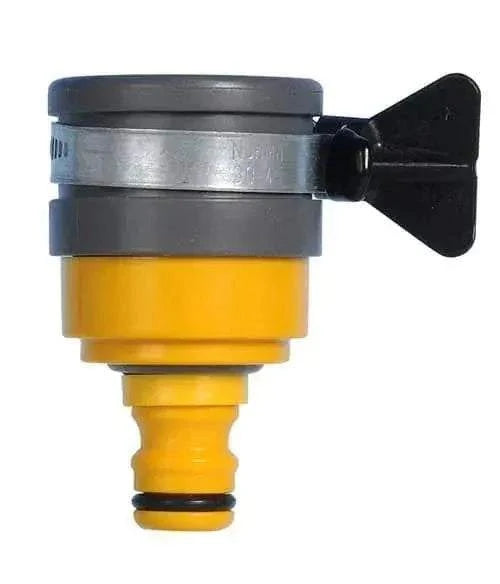 Hozelock Round Tap Connector in yellow and dark grey plastic, with a silver metal clamp and black tightening wing handle.
