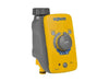 Hozelock Sensor Water Timer with a yellow and dark grey plastic body, rotary dial, and morning and evening controls.
