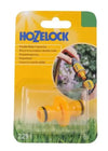 Hozelock 2291 double male connector on a clear plastic card with grass and garden hose background