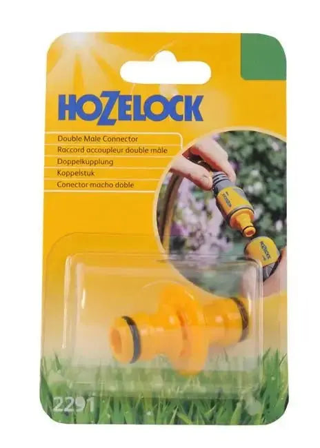 Hozelock 2291 double male connector on a clear plastic card with grass and garden hose background