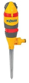 Hozelock Round Sprinkler with a yellow and red plastic body, grey bands, side hose connector and long metal spike.