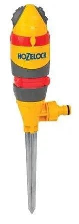Hozelock Round Sprinkler with a yellow and red plastic body, grey bands, side hose connector and long metal spike.