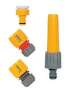 Hozelock Complete Hose Connector Kit with yellow and grey plastic fittings, including a long tapered spray nozzle and connectors.