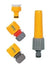 Hozelock Complete Hose Connector Kit with yellow and grey plastic fittings, including a long tapered spray nozzle and connectors.