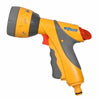 Yellow and gray Hozelock garden hose nozzle on a white background