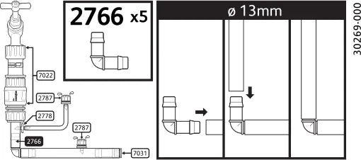 Technical diagram of Hozelock 2766 irrigation components with measurements and part numbers.