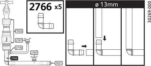 Technical diagram of Hozelock 2766 irrigation components with measurements and part numbers.