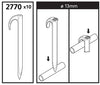 Hozelock 27770 Technical drawing of a pipe hook with dimensions and assembly instructions.