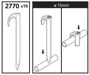 Hozelock 27770 Technical drawing of a pipe hook with dimensions and assembly instructions.