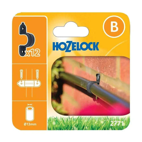 Hozelock Saddle Clamps Irrigation Pipe, 12 black plastic clips for 13 mm tubing in orange packaging.