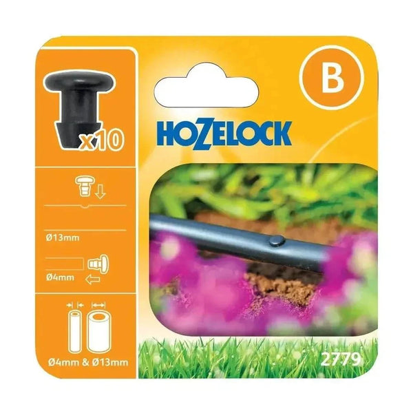 Hozelock Blanking Plugs, black plastic irrigation fittings with mushroom-shaped heads, shown in a pack of 10.