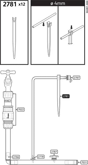Technical diagram of a irrigationsystem with components labelled
