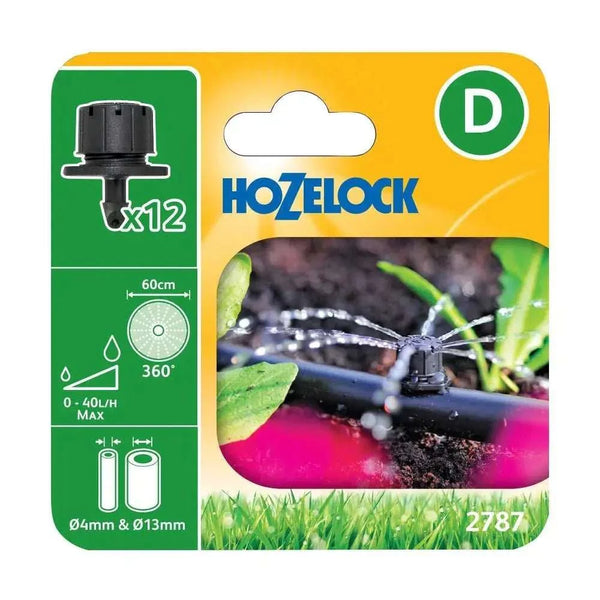 Hozelock Adjustable Sprinkler 360° micro sprinkler, black plastic with adjustable circular spray and 4 mm or 13 mm connectors.