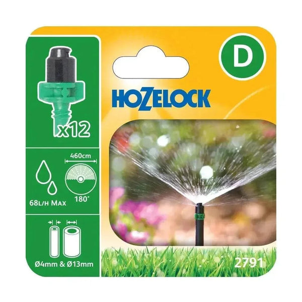 Hozelock Micro Sprinkler Jet, green and black plastic with a 180-degree spray and pack of 12 shown on the label.