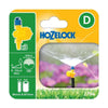 Hozelock Adjustable Spray Jets in yellow plastic, with blue fittings, packaged as a set of three for 180-degree watering.