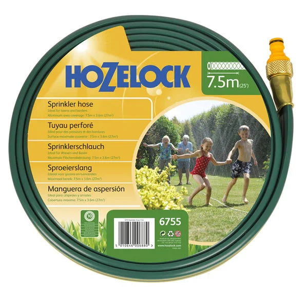 Hozelock 6755 sprinkler hose packaging with a hose and nozzle on a white background