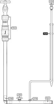 Hozelock 7029 Technical drawing of a watering system with pipes and valves.