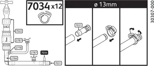 Hozelock 7034 Technical diagram of plumbing components with measurements and part numbers.