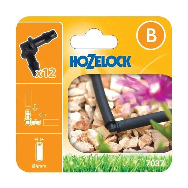 Hozelock Elbow Connectors pack with black plastic 90-degree fittings, 4mm size, shown connecting irrigation tubing.