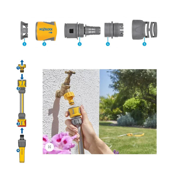 Set of garden hose nozzles and connectors with a hand holding a nozzle and a garden scene.