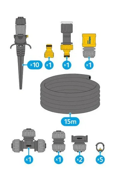 Garden hose kit with various connectors and a 15-meter hose on a white background