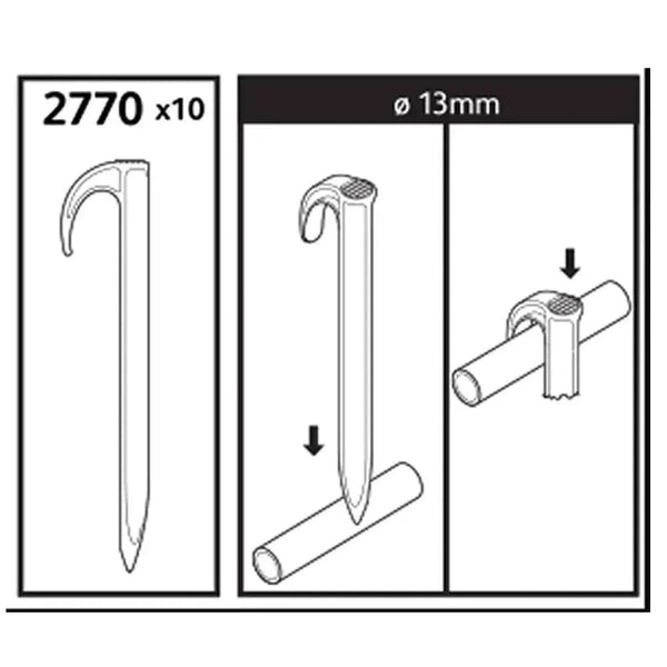Hozelock Hose Stakes, white plastic, hooked design with pointed ends for securing 13mm garden hose, pack of 10