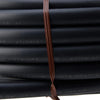 Coiled black hose with text and a brown strap