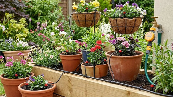 Garden with various potted plants and flowers, including a water hose and faucet.