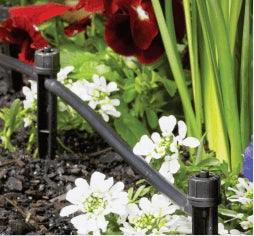 inline Drip irrigation system in a garden with flowers and plants.