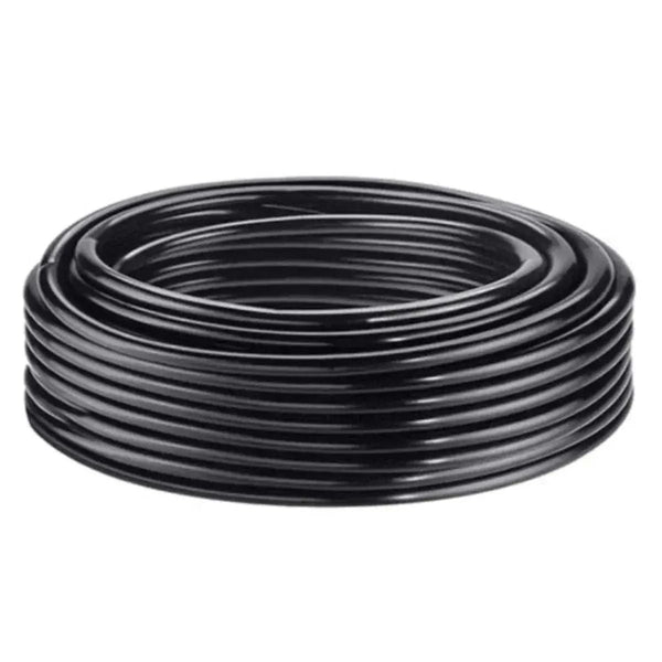 15m Irrigation Supply Hose, black flexible plastic tubing coiled into a compact circular roll with a smooth finish.