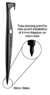 Black micro stake with text indicating tube piercing point for hole punch installation on micro tubes.