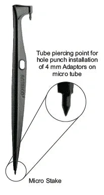 Black micro stake with text indicating tube piercing point for hole punch installation on micro tubes.