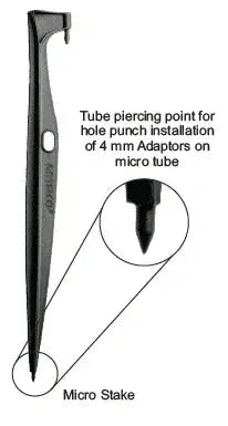 Black micro stake with text indicating tube piercing point for hole punch installation on micro tubes.