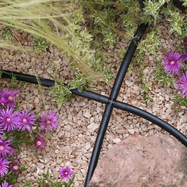 Drip irrigation system with black tubing and purple flowers on a gravel surface
