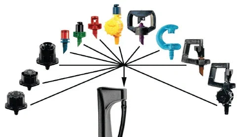 Set of various garden nozzles and connectors on a white background