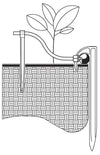 Black and white illustration of a plant pot with a watering dripper