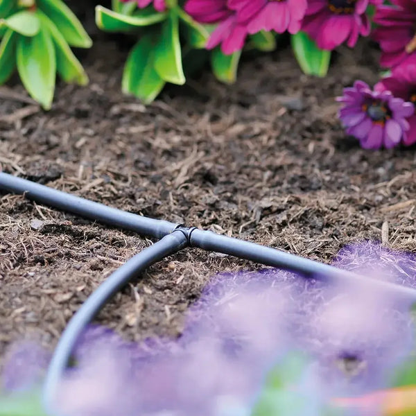Drip irrigation system in a garden with flowers