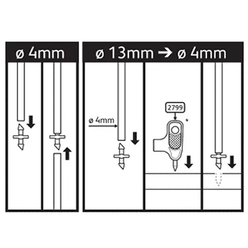 Diagram showing a tool to connect different sizes of irrigation pipe
