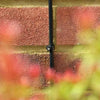Black irrigation pipe running along a red brick wall with blurred flowers in the foreground