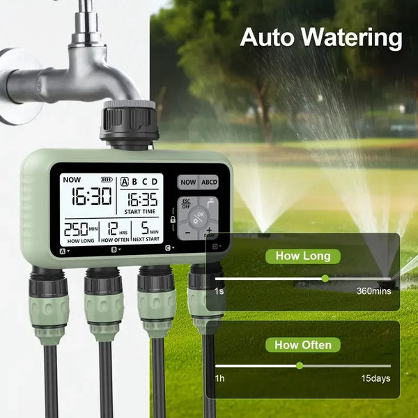 4-Zone Irrigation Timer: Programmable Watering for Multiple Areas.