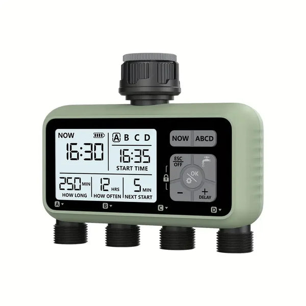 4-Zone Irrigation Timer: Programmable Watering for Multiple Areas.