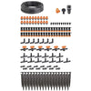 Drip irrigation kit with components on a white background
