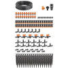 Drip irrigation kit with components on a white background