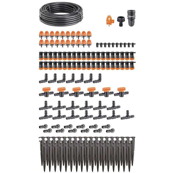 Drip irrigation kit with components on a white background