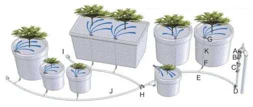 Aquaponics system with plants and water circulation diagram