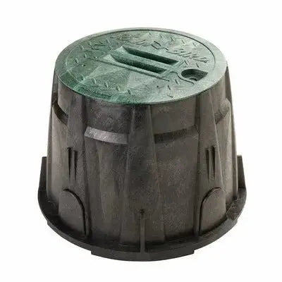Rainbird 10" Green and gray irrigation valve cover on a white background