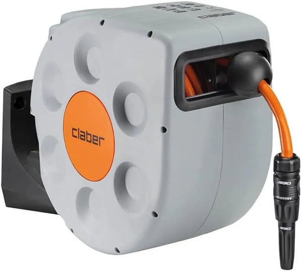 Retractable garden hose reel with Claber branding on a white background