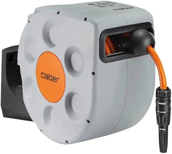 Retractable garden hose reel with Claber branding on a white background